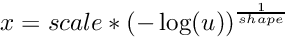 \[ x = scale * {(-\log(u))}^{\frac{1}{shape}} \]